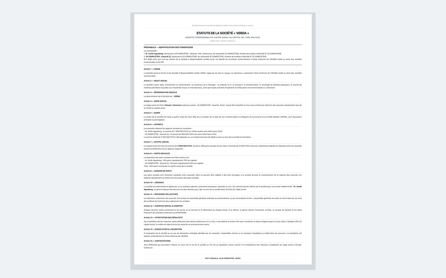 OHADA articles of association generated for Verda