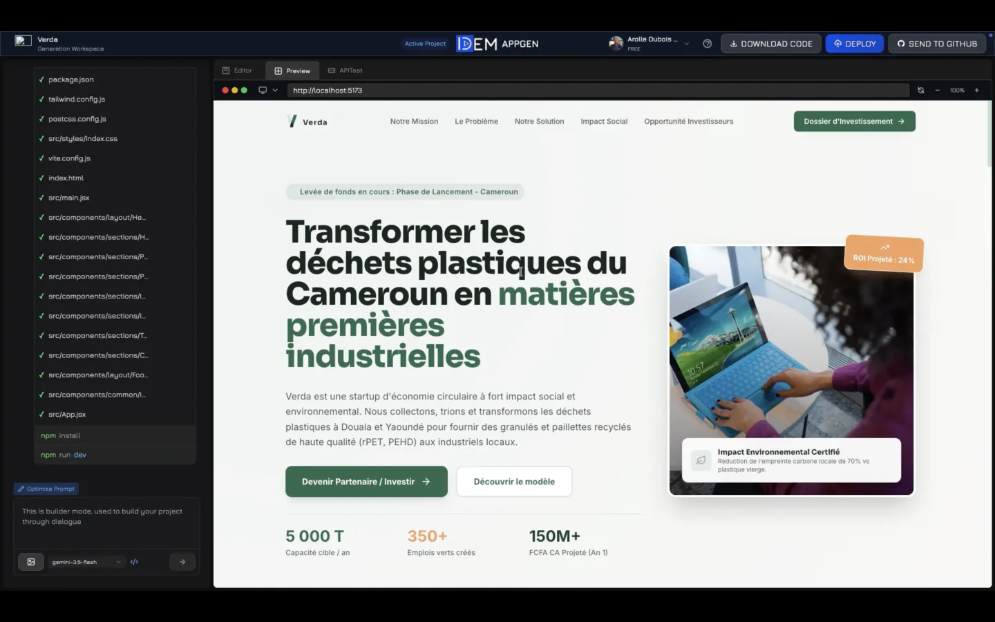 The Verda website generated in the iCode editor